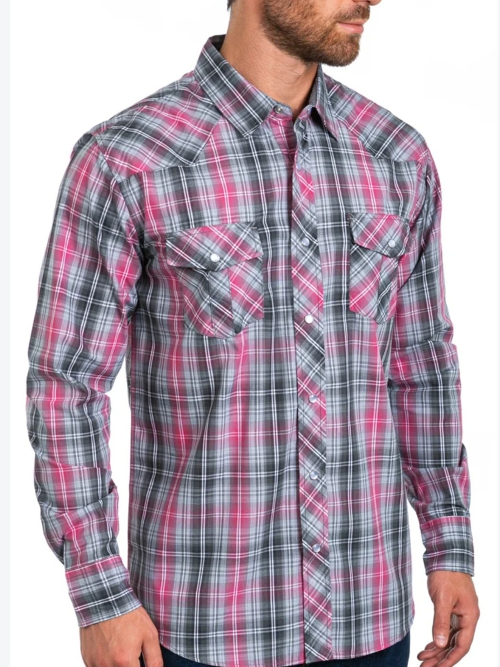 Coastal Men’s Pink Plaid Long Sleeve Western Rodeo Snap Shirt